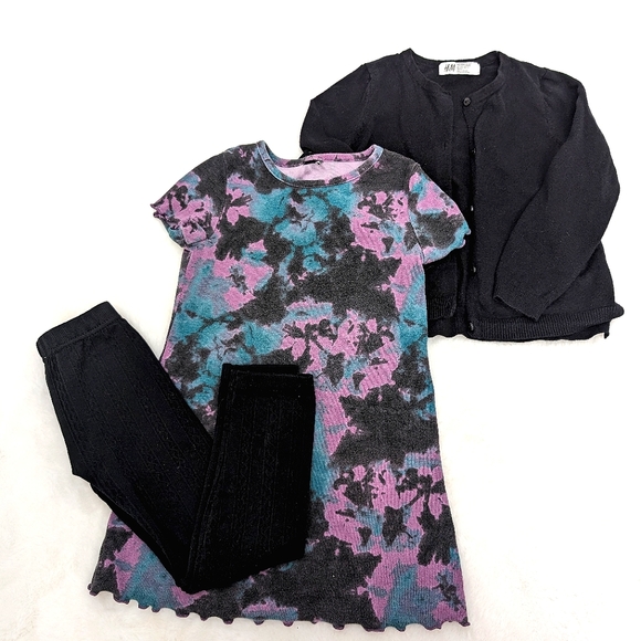 3 Pc 4T Art Class tie-dye dress + H&M cardigan sweater, Leggings, Black Purple - Picture 1 of 10